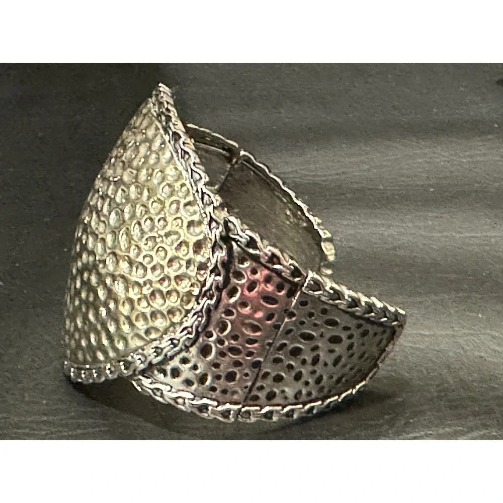 Hammered Mixed Metal Domed‎ Cuff Bracelet  Scalloped Edge Statement Clamper